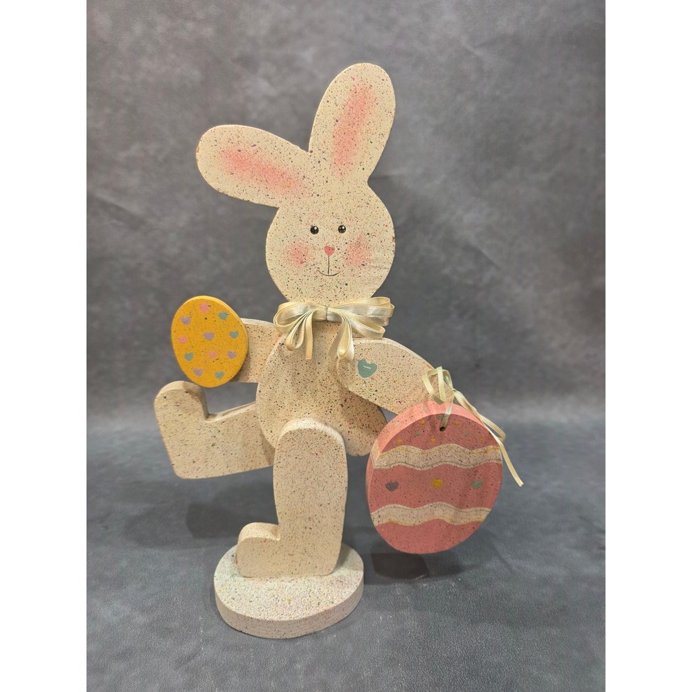 Easter Bunny Wooden Tabletop Figurine Speckled Rabbit with Eggs Decor 13.5 Inch